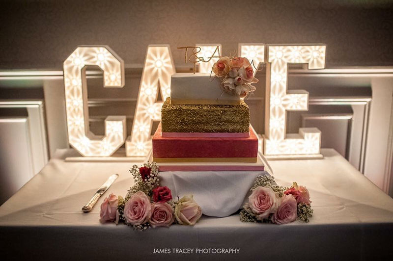 Gold Sequin & Pink Watercolour Wedding Cake